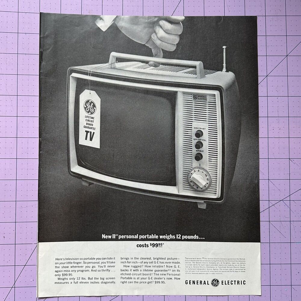 1963 General Electric New 11" Personal Portable TV B&W Vintage Print Ad